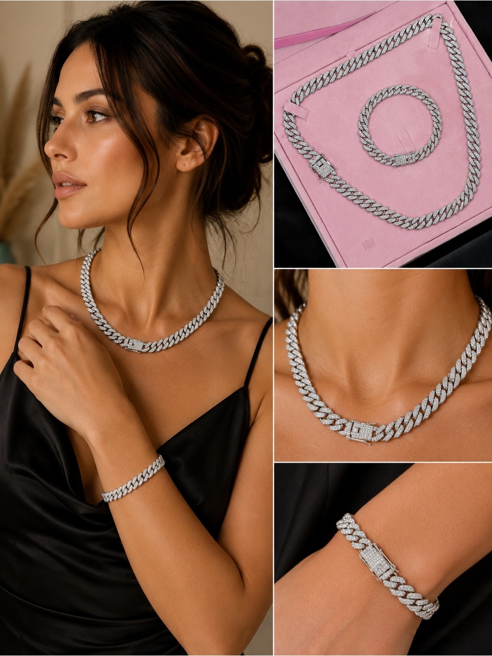 Sterling Silver Cuban Link Necklace & Bracelet Set - Sparkling Silver